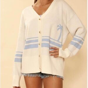 Miss Sparkling Cream and Blue‎ Palm Tree Boyfriend Cardigan Size M